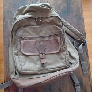Vintage Eddie Bauer Backpack Book Bag Waxed Canvas Leather Bottom Green / Brown